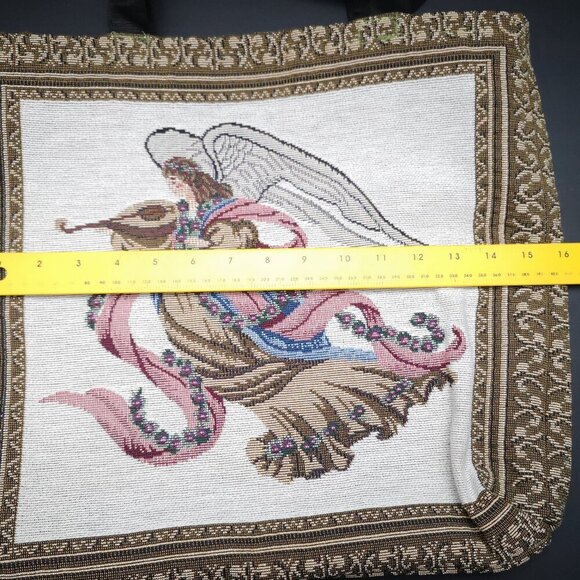 VTG Christmas Themed 15x16" Tapestry Reusable Bag w/ Angel Playing a Mandolin - Picture 3 of 4